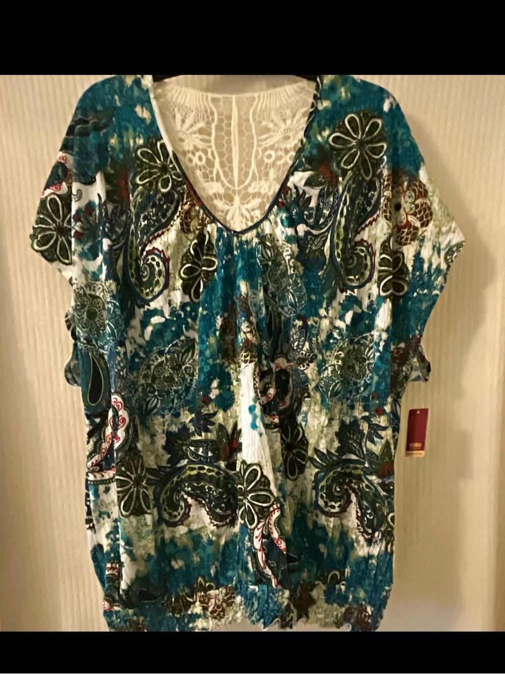 4XLNOBO Teal Paisley V-Neck Tunic with Lace Yoke